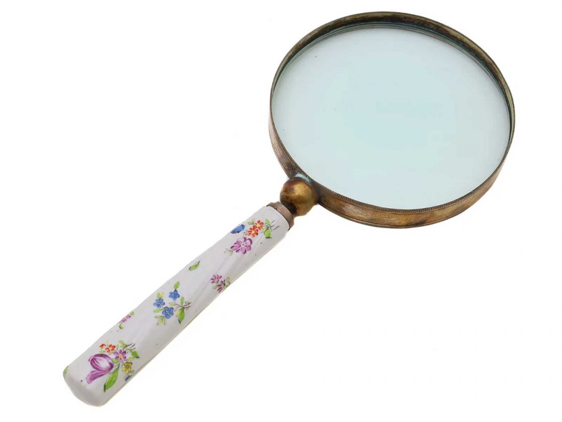 ANTIQUE RUSSIAN SILVER PORCELAIN MAGNIFYING GLASS, 1770: EXTREMELY RARE ANTIQUE RUSSIAN IMPERIAL SILVER and PORCELAIN MAGNIFYING GLASS, 1770 Russian Gilt Silver and Porcelain Magnifying glass, Saint-Petersburg, circa 1770. Porcelain handle with gold and ena