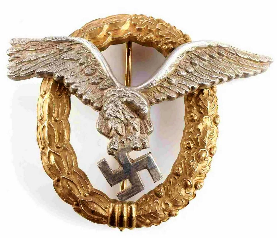 GERMAN WWII LUFTWAFFE PILOTS OBSERVER BADGE, NAMED: VERY RARE GERMAN WWII LUFTWAFFE PILOTS OBSERVER BADGE, SIGNED Third Reich Luftwaffe paratrooper badge produced by J.Deutschbein Euskirche. Made from 800 German silver, stamped '800' and 'J.DEUTSCHBEIN