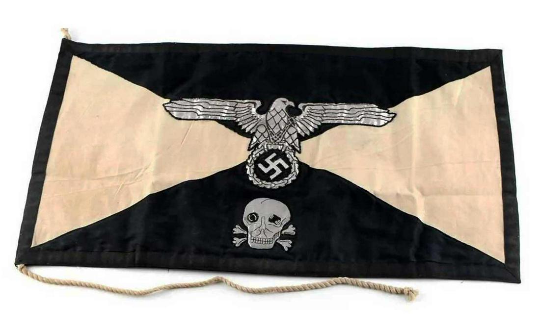 AUTHENTIC WWII GERMAN SS OBERBAYERN COMMANDERS FLAG: EXTREMELY RARE AUTHENTIC WWII GERMAN SS OBERBAYERN COMMANDERS FLAG Black and white cotton construction with silver bullion Reichsadler and Totenkopf sewn to both sides. Rope at one side for hanging. D