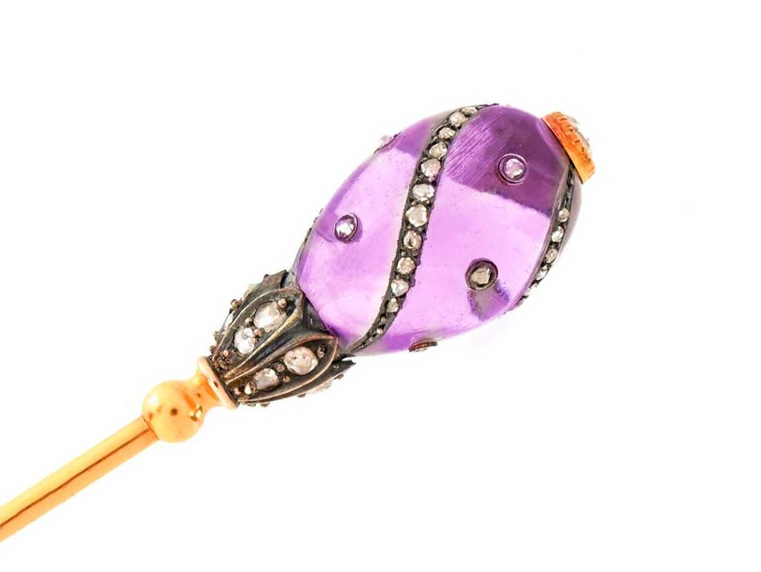 FABERGE - RUSSIAN GOLD HAT PIN, AMETHYST & DIAMONDs (1 of 15)