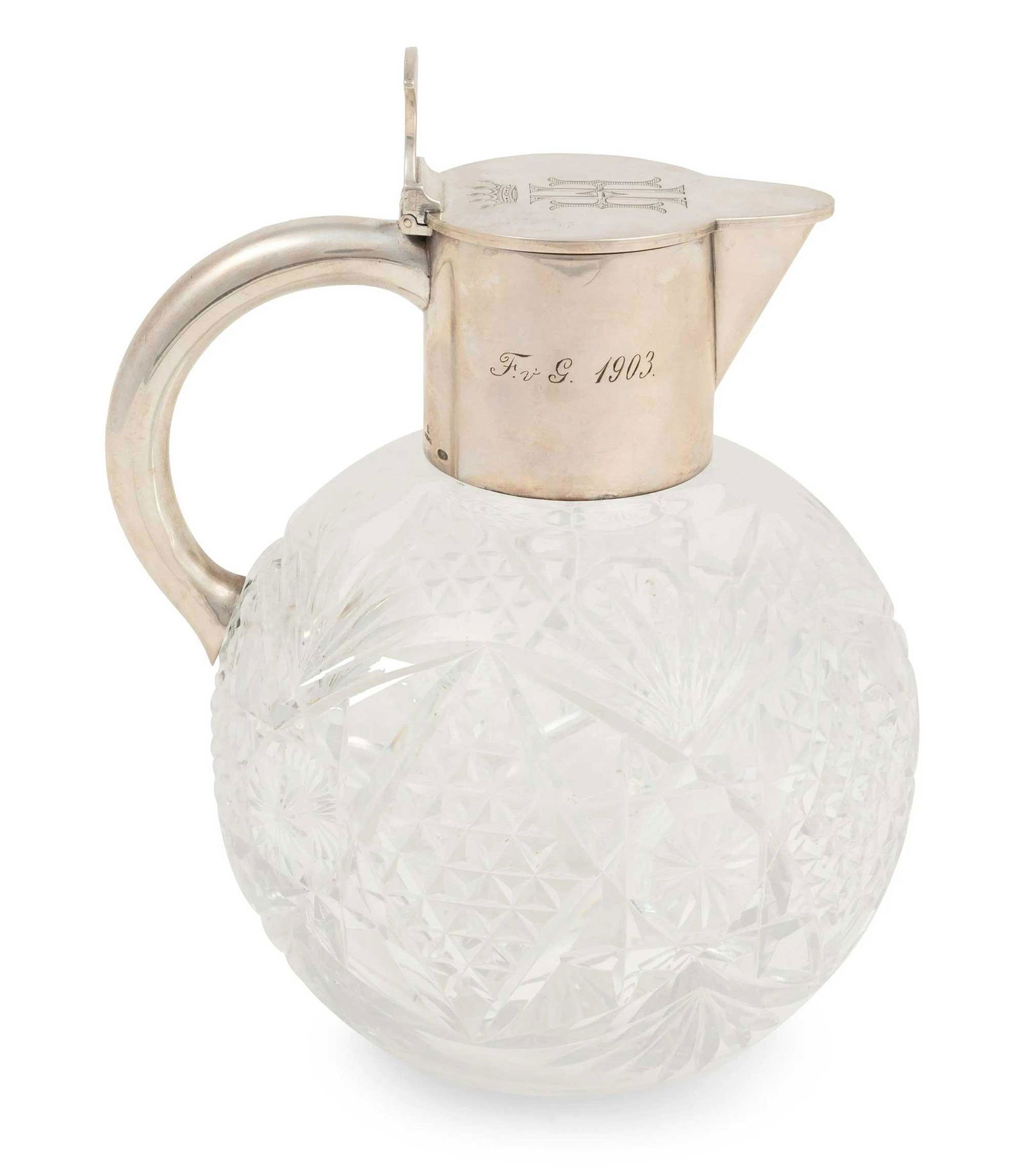 RUSSIAN SILVER MOUNTED CRYSTAL PITCHER, GRACHEV: RUSSIAN SILVER MOUNTED CRYSTAL DECANTER, PITCHER, GRACHEV BROTHERS, 1903 Of bulbous spherical form, cut with star facets, with plain collar, thumbpiece and rounded handle. The flat cover with a crowne