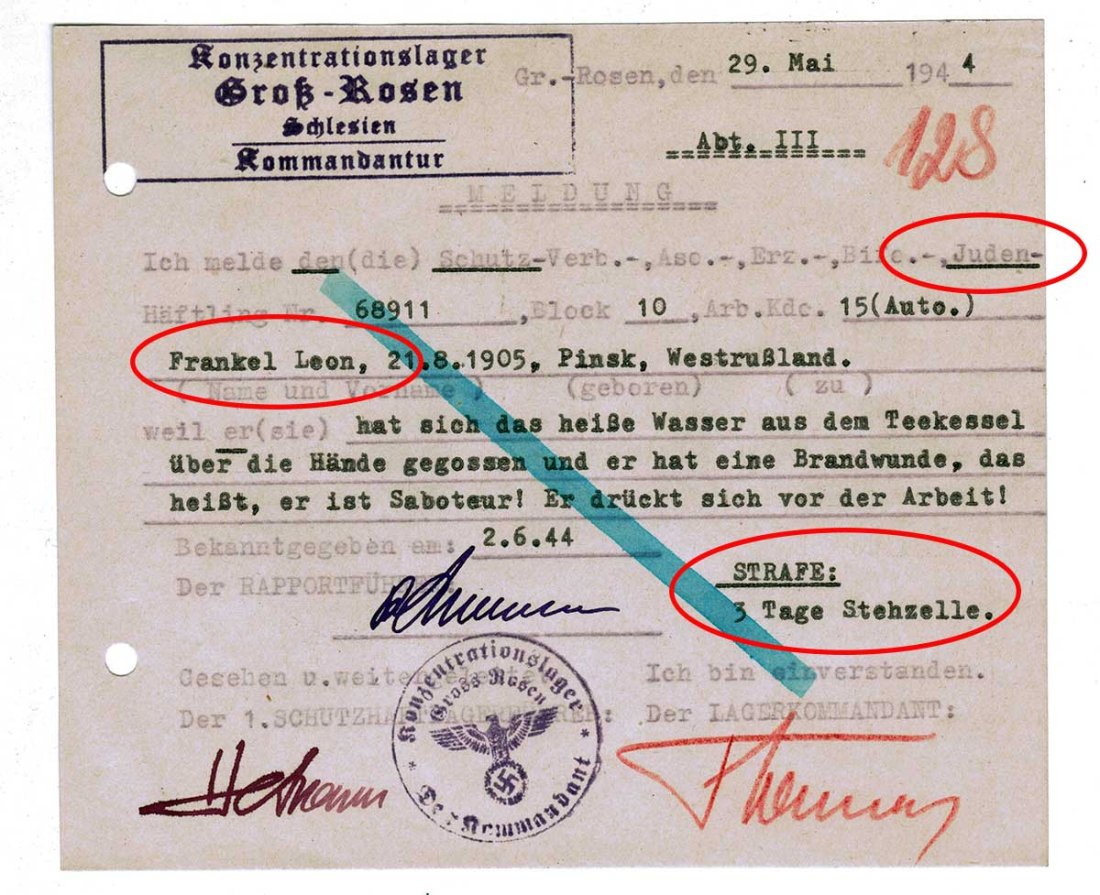 GERMAN WW2 PUNISHMENT DOCUMENT from KL KZ: GERMAN WW2 PUNISHMENT DOCUMENT, 1944 Rare WW2 document for Jewish prisoner. TEST: This particular item passed very important test - it does not glow under the black lamp (all paper after 1945 glow und