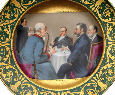 ROYAL VIENNA HAND PAINTED PLATE, BISMARCK: ROYAL VIENNA HAND PAINTED PORCELAIN PLATE, BISMARCK, 19c First Otto Bismarck with Admiral Stefan. Marked with Vienna mark, Austria, number 224. Ca. 1890. CONDITION: The item is described to the best