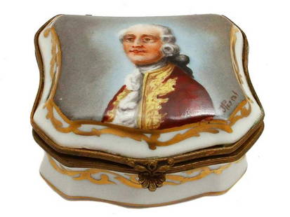 AUSTRIAN HAND PAINTED PORCELAIN BOX with MINIATURE: ANTIQUE AUSTRIAN HAND PAINTED PORCELAIN BOX with MINIATURE An elegant Austrian porcelain and enamel box depicting Austrian nobility in the 18th century costume on the lid. The box has a sign of