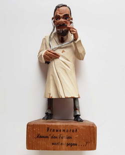 JEWISH DOCTOR OLD FIGURINE CARVED WOOD: RARE OLD JEWISH DOCTOR LARGE FIGURINE CARVED WOOD Jewish art figurine. German wood carved doctor. The item has inscription in German: Frauenarzt. Very realistic and complicated work. We are selling