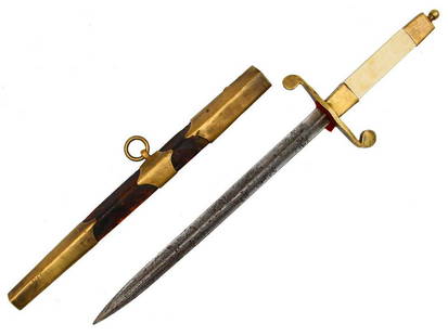 RUSSIAN IMPERIAL NAVY OFFICERS DIRK, DAGGER: RARE RUSSIAN IMPERIAL NAVY OFFICER's DIRK An Imperial Russian naval OFFICER's DIRK with flattened-diamond shape blade. Brass scabbard mounts, pommel and cross guard are of standard issue pattern. 