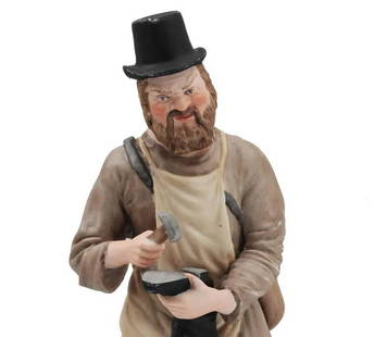 GARDNER - RUSSIAN IMPERIAL PORCELAIN FIGURINE, 19th C.: GARDNER - RUSSIAN IMPERIAL PORCELAIN FIGURINE, 19th CENTURY An antique porcelain figurine of the Gardner Factory'The ShoemakeR'. Depicts a man in a gray shirt and an apron. Squinting, he punches the