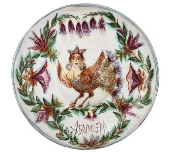 ANTIQUE RUSSIAN CERAMIC PLATE ABRAMTSEVO, 19th C.: RARE ANTIQUE RUSSIAN CERAMIC PLATE ABRAMTSEVO A hand-painted wall plate depicting the bird of paradise Sirin surrounded by flowers. Sirin is the image of a bird with the head of a girl from Slavic