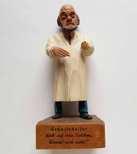 JEWISH DOCTOR FIGURINE ART CARVED WOOD: RARE OLD JEWISH DOCTOR LARGE FIGURINE CARVED WOOD Jewish art figurine. German wood carved doctor. The item has inscription in German: Geburtshelfer. Very realistic and complicated work. We are