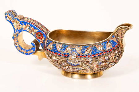 EXTREMELY RARE LARGE RUSSIAN ENAMEL KOVSH, F.RUCKERT