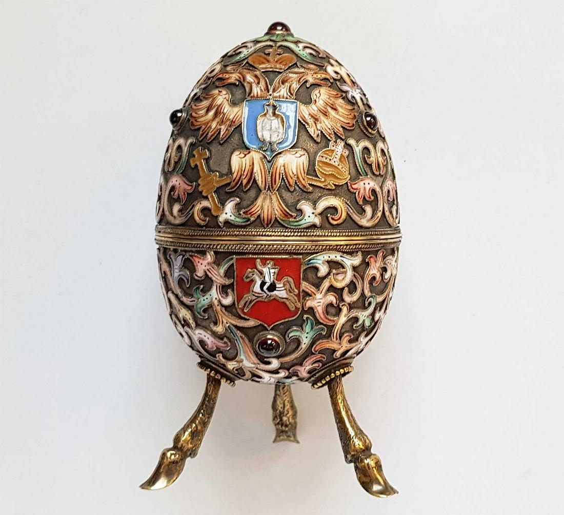 LARGE RUSSIAN SILVER and ENAMEL EGG, Ivan Lebyodkin (1 of 13)