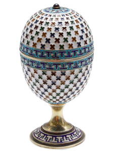 RARE RUSSIAN IMPERIAL SILVER GUILLOCHE ENAMEL EGG, PAVEL OVCHINNIKOV