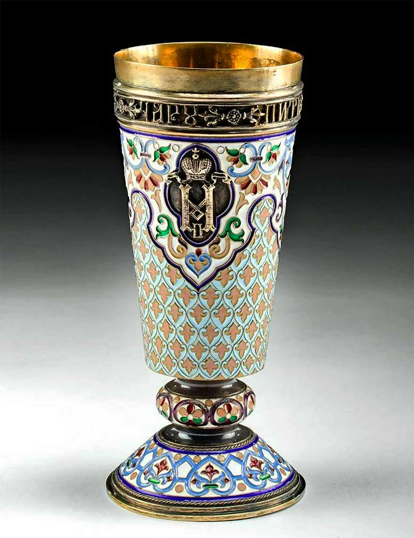 RARE RUSSIAN SILVER CLOISONNE GOBLET + CERTIFICATE: RUSSIAN IMPERIAL SILVER CLOISONNE GOBLET, GRACHEV 19th C. + CERTIFICATE Extremely nice job. Eastern Europe, Russia, St. Petersburg, ca. 19th to early 20th century. A striking gilt silver goblet boasti