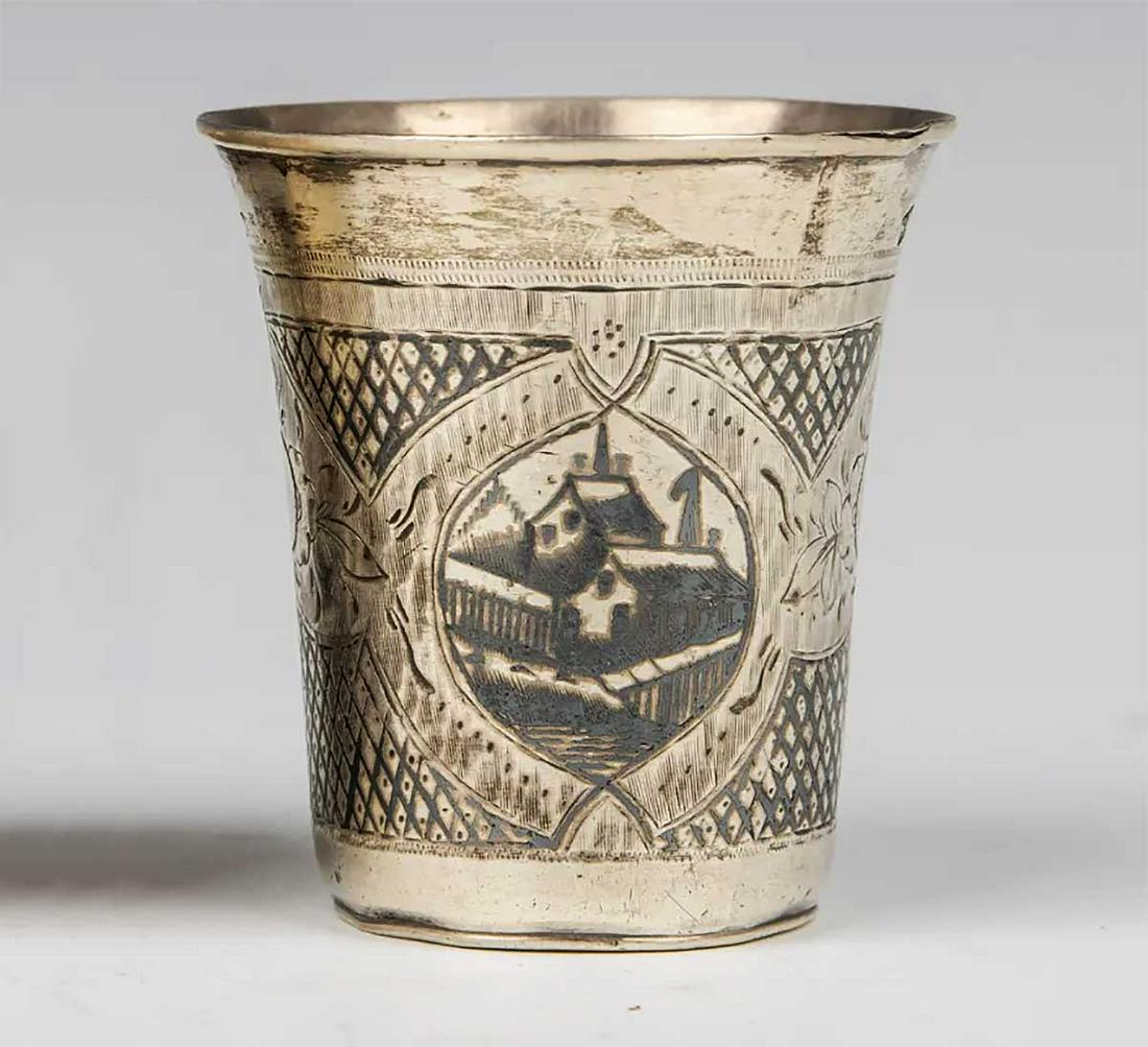 ANTIQUE RUSSIAN NIELLO SILVER BEAKER, KIDDUSH CUP: RARE ANTIQUE RUSSIAN NIELLO SILVER BEAKER, KIDDUSH CUP, 19 CENTURY Russian, 19th century. Decorated with city scenes. Marked '84' for silver content, date '188' and 'ML' in Cyrilic for silver master. 