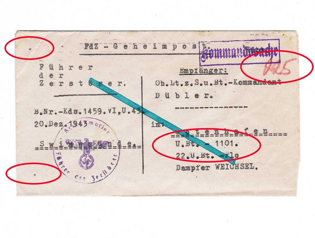 RARE GERMAN WW2 POST U-BOAT U-1101, 1943: RARE GERMAN WW2 POST U-BOAT U-1101, 1943 The letter sent to komandant of U-Boat 1101 Kpt. leutnant Kohlauf. Envelope has four rare Stamps. Inside the envelope there is a BROWN paper. Also you can see