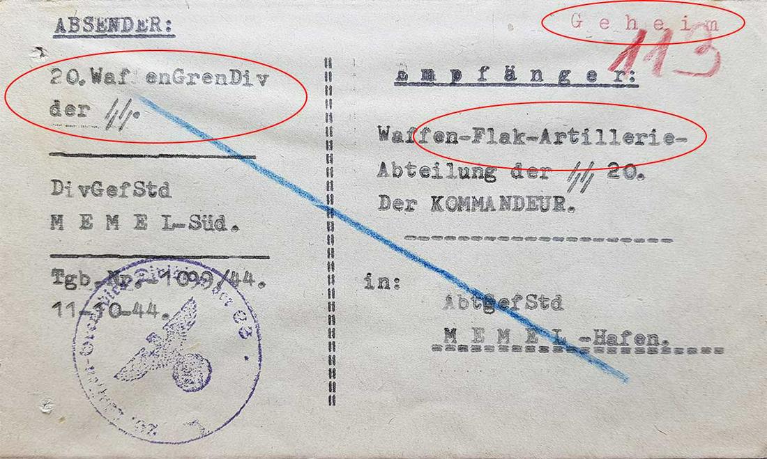 RARE GERMAN WW2 POST FLAK ARTILLERIE, 1944: EXTREMELY RARE GERMAN WW2 POST FLAK ARTILLERIE, 1944 The letter was sent from Leader of 20 WAFFEN GREN. DIV. to komander of FLAK ARTILLERIE - TOP SECRET. You can see the registration number from archi