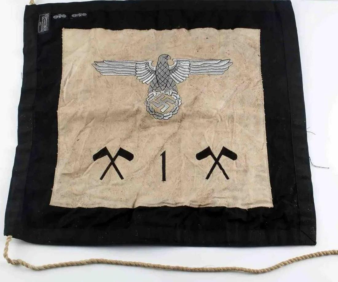 AUTHENTIC WWII GERMAN SS PIONEER REGIMENT FLAG: EXTREMELY RARE AUTHENTIC WWII GERMAN SS PIONEER REGIMENT FLAG A Third Reich SS Pioneer REGIMENT flag. Top of flag has RZM 22/36 labels. Does not fluoresce. Rare to find. CONDITION: Very good condition