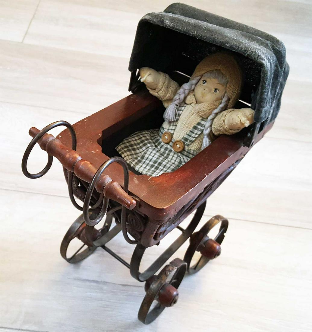 ANTIQUE GERMAN WW2 TOY STROLLER w. DOLL: ANTIQUE GERMAN WW2 TOY STROLLER with DOLL German toy of the WWII period. Was bought in Germany many years ago. The cradle and the doll are handmade. The cradle is made of wood branches, fabric and iro