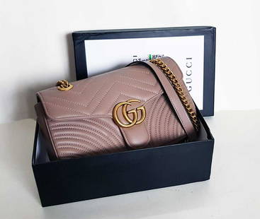 GUCCI GG Marmont Quilting Mini Chain Shoulder Bag Leather Beige