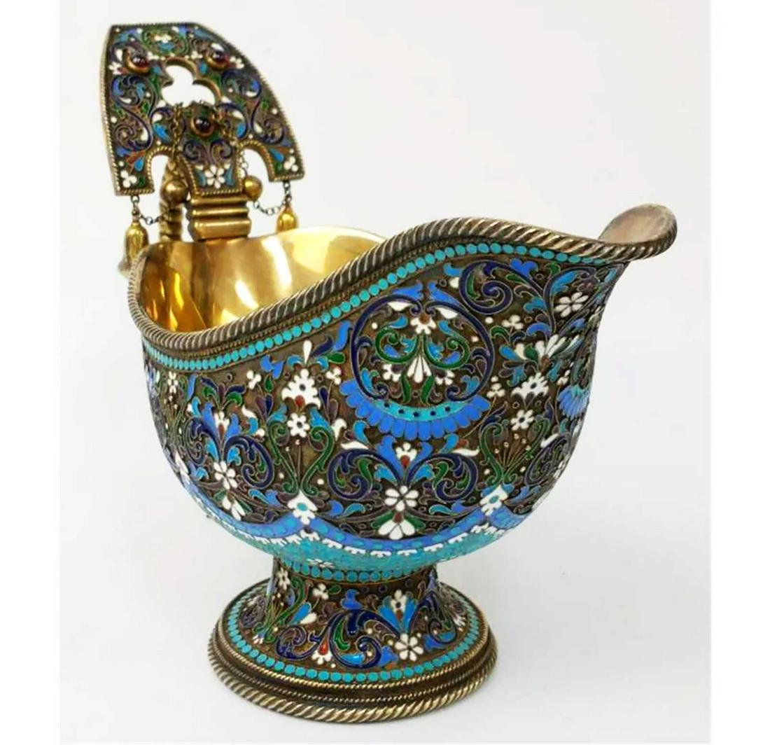 LARGE RUSSIAN SILVER & ENAMEL KOVSH, GRACHEV: VERY RARE LARGE and HEAVY RUSSIAN SILVER and ENAMEL KOVSH, GRACHEV A LARGE and HEAVY Russian Silver and Enamel Kovsh. Fully Signed and Hallmarked. PROVENANCE: From an Upstate NY, Home. CONDITION: Gene
