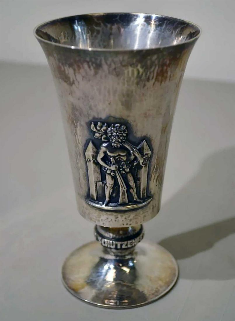 GERMAN WWII 800 SILVER SHOOTING AWARD, GOBLET: GERMAN WWII 800 SILVER SHOOTING AWARD, GOBLET, 1939 Dated 1939. Marked 800 for silver content. Very beautiful piece with high quality. Inside of the goblet is flat. DIMENSIONS: 143 x 82 mm (5 5/8 x 3 