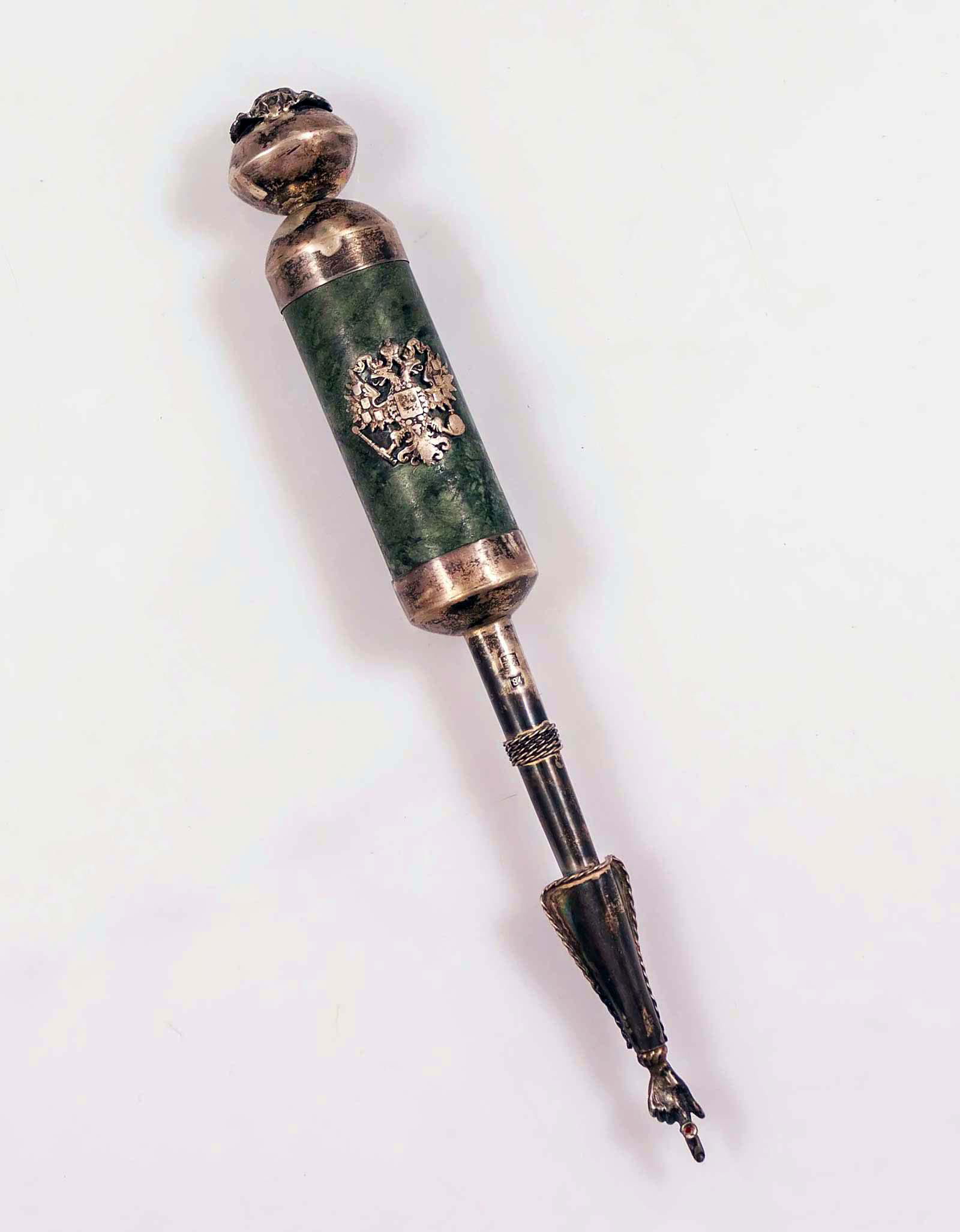 RUSSIAN JUDAICA SILVER & ENAMELED TORAH POINTER: RUSSIAN ANTIQUE JUDAICA SILVER and ENAMELED TORAH POINTER, 1896 Rare Jewish silver and marble Torah Pointer. Decorated with reliefs of the double-headed eagle and a mythological figure. HALLMARKS: '84