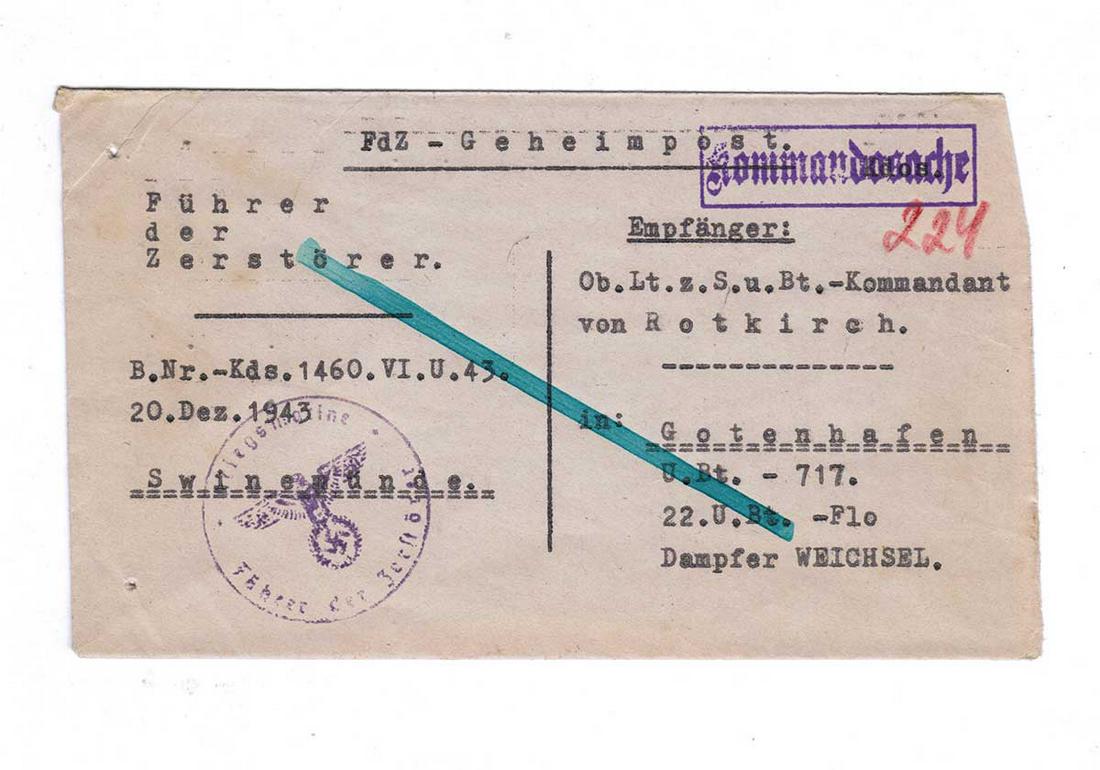 RARE GERMAN WW2 POST U-BOAT U-717, 1943: RARE GERMAN WW2 POST U-BOAT U-717, 1943 The letter sent to komandant of U-Boat 717 Kpt. leutnant R. Envelope has rare Stamps. Inside the envelope there is a BROWN paper for secret. Also you can see th