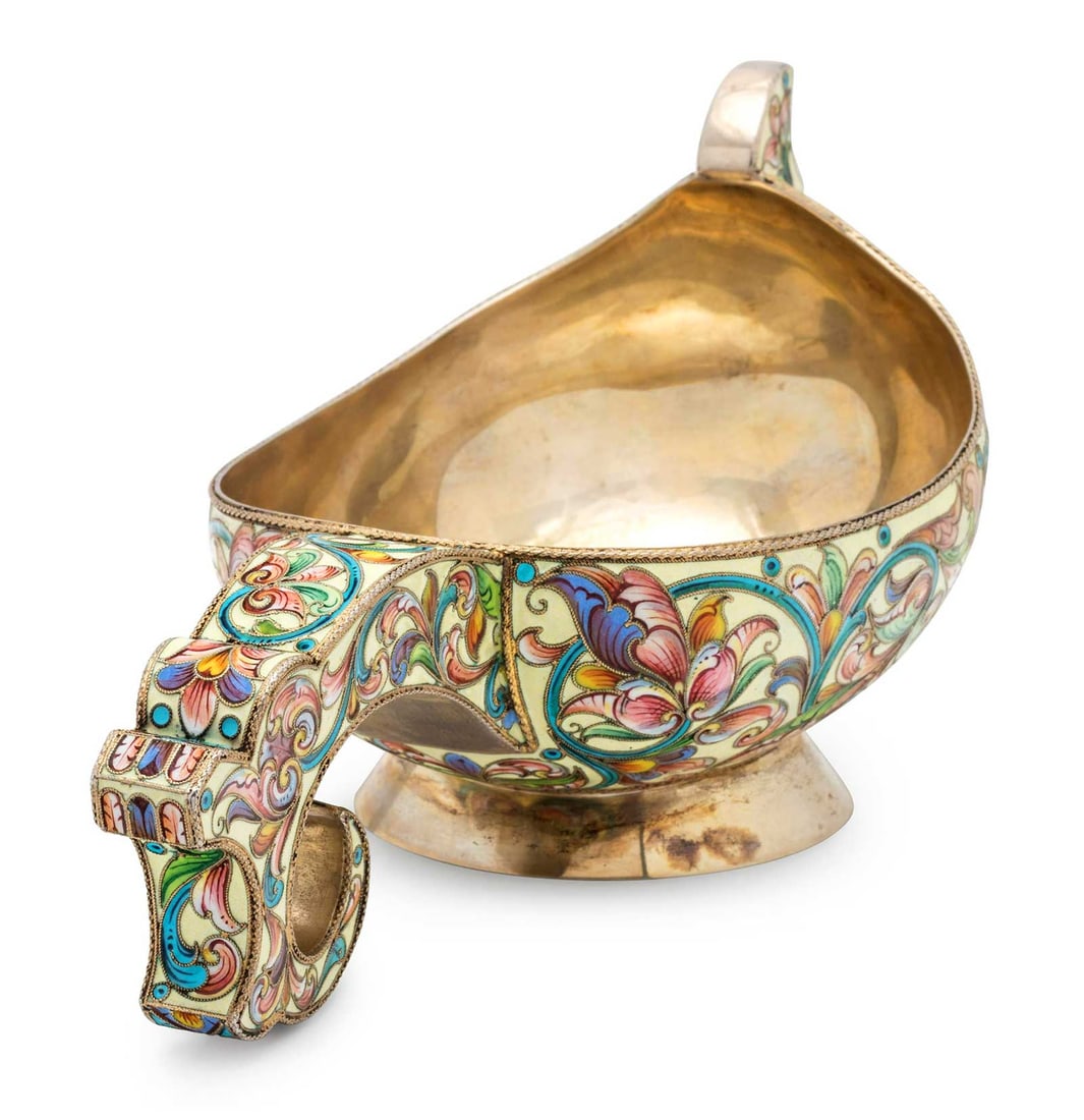 LARGE RUSSIAN SILVER & SHADED ENAMEL KOVSH (1 of 11)