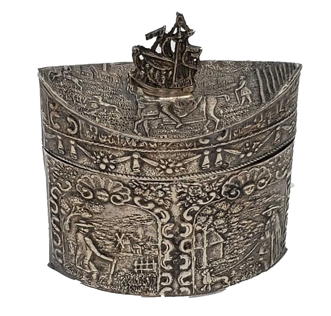 ANTIQUE STERLING SILVER TEA CADDY w. SHIP (1 of 15)