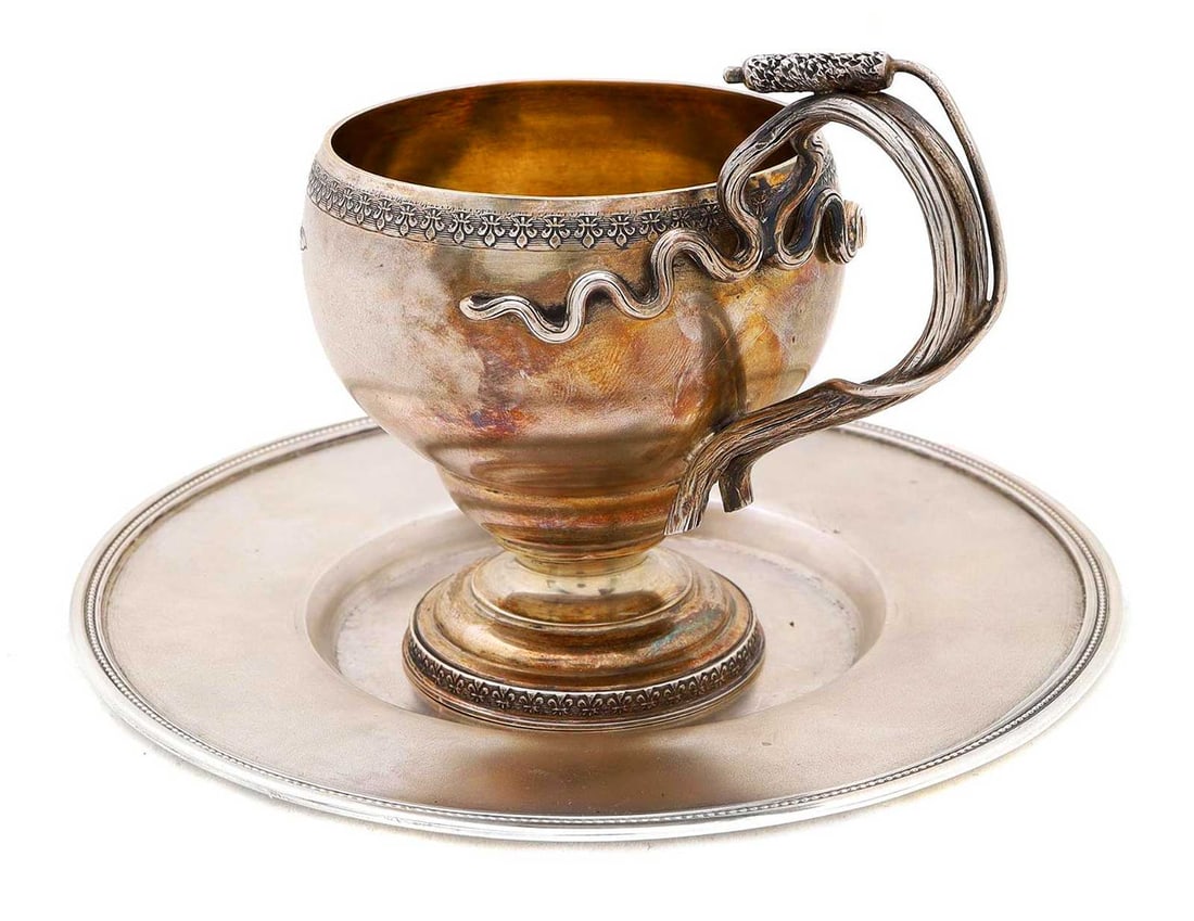 FABERGE - RUSSIAN GILT-SILVER TEA CUP & SAUCER (1 of 15)