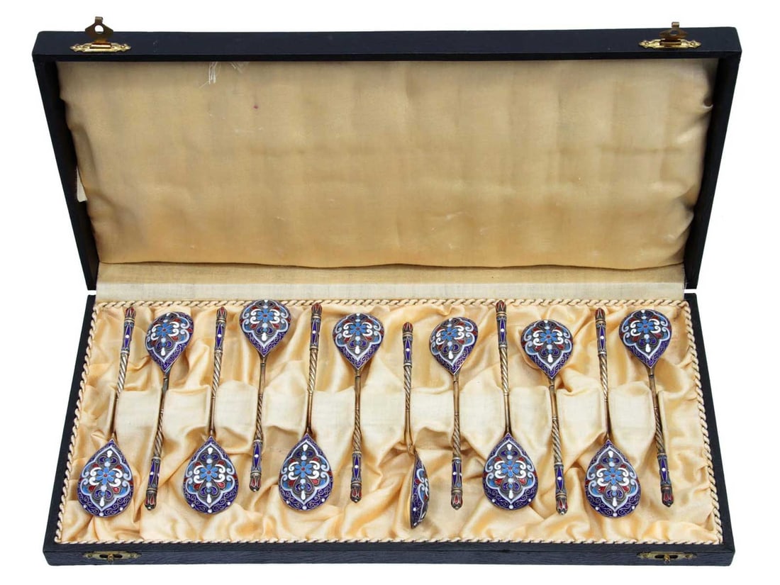 FABERGE - RUSSIAN 12 SILVER & ENAMEL SPOONS, 1892 (1 of 18)