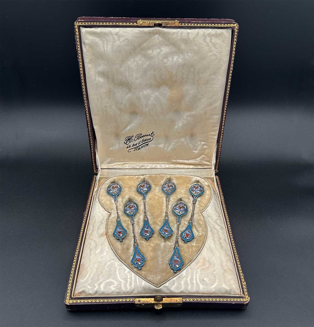 RUSSIAN SILVER ENAMEL 6 SPOONS, BOXED (1 of 20)