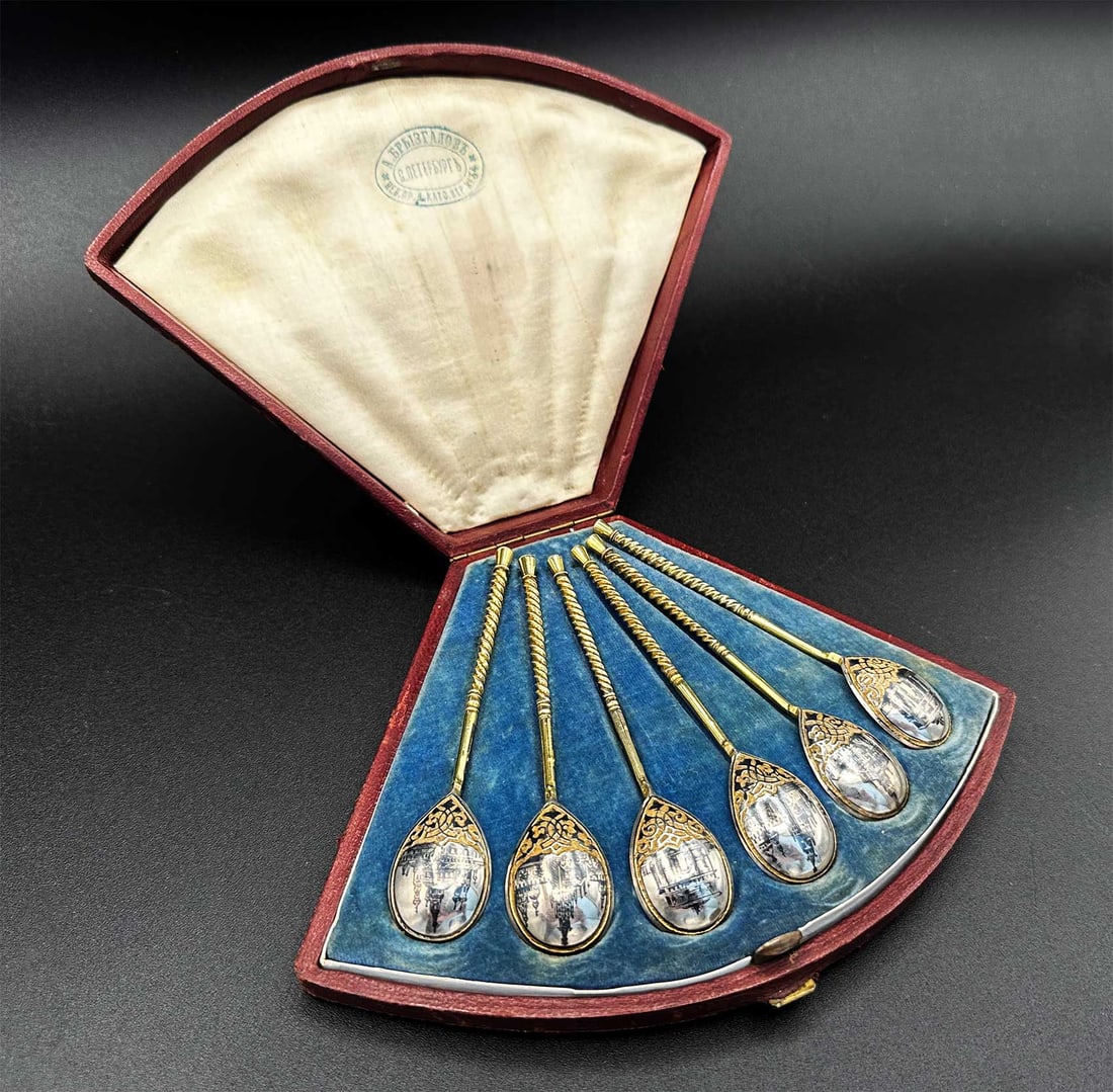 RUSSIAN SILVER NIELLO 6 SPOONS, BOXED, 1879 (1 of 19)