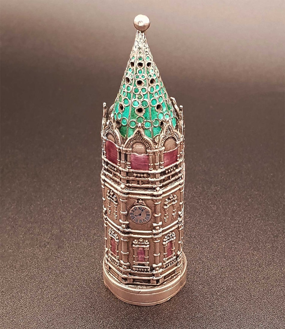 JUDAICA RUSSIAN SILVER BESAMIM SPICE BOX: JUDAICA RUSSIAN SILVER BESAMIM HAVDALA SPICE BOX, CONTAINER, 1896-1897 This is a very collectible Russian enameled silver tower-form Besamim Box, used to hold spices for the Havdalah ceremony, which m