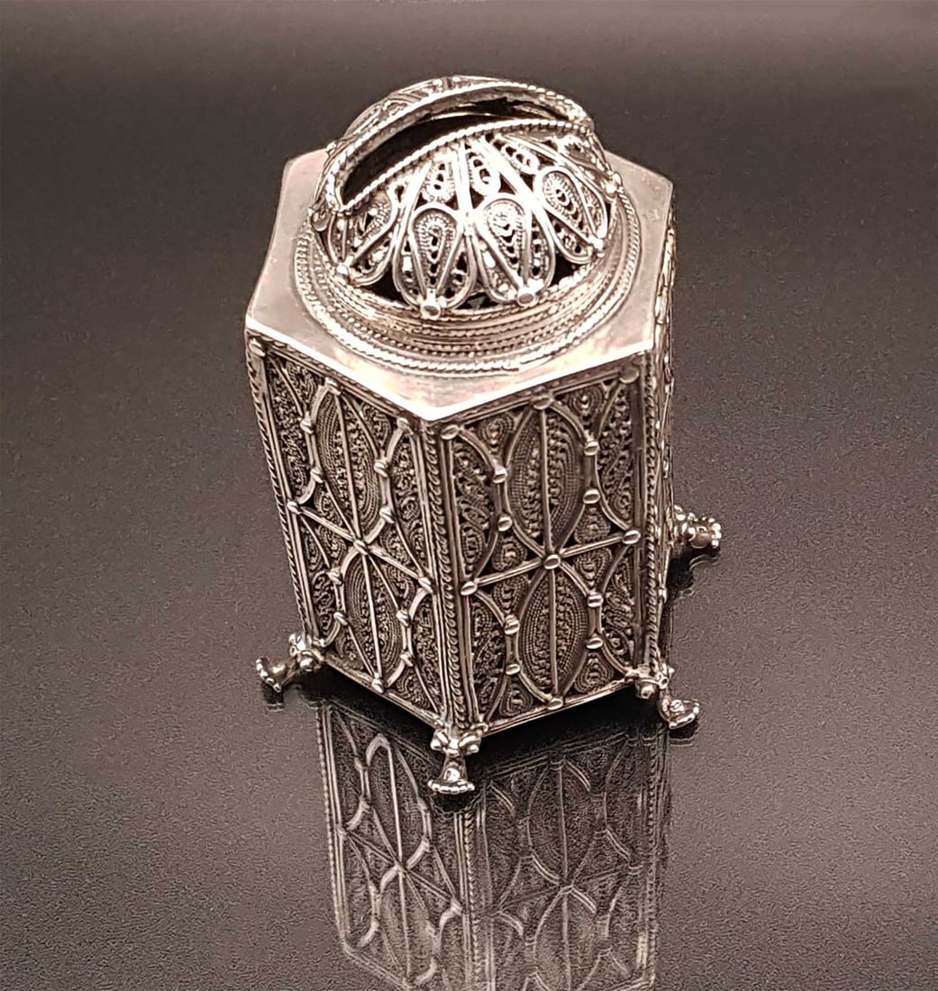 JEWISH SILVER FILIGREE DOMED TZEDAKAH BOX, (1 of 14)