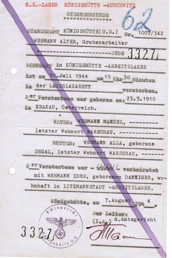 GERMAN WWII DOCUMENT, AUSCHWITZ, 1944: RARE GERMAN WWII DOCUMENT, AUSCHWITZ, 1944 German WWII document from Auschwitz, dated 1944. This is a rare WWII document and is available for sale on consignment. TEST: This particular item has passed