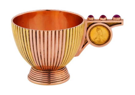 FABERGE - GOLD CHARKA w. SAPPHIRES & CATHERINE II COIN: FABERGE - EXTREMELY RARE GOLD CHARKA with SAPPHIRES and GOLD CATHERINE II COIN For your viewing, here is a Russian two-tone gold charka with a reeded body and foot. The interior features rose gold