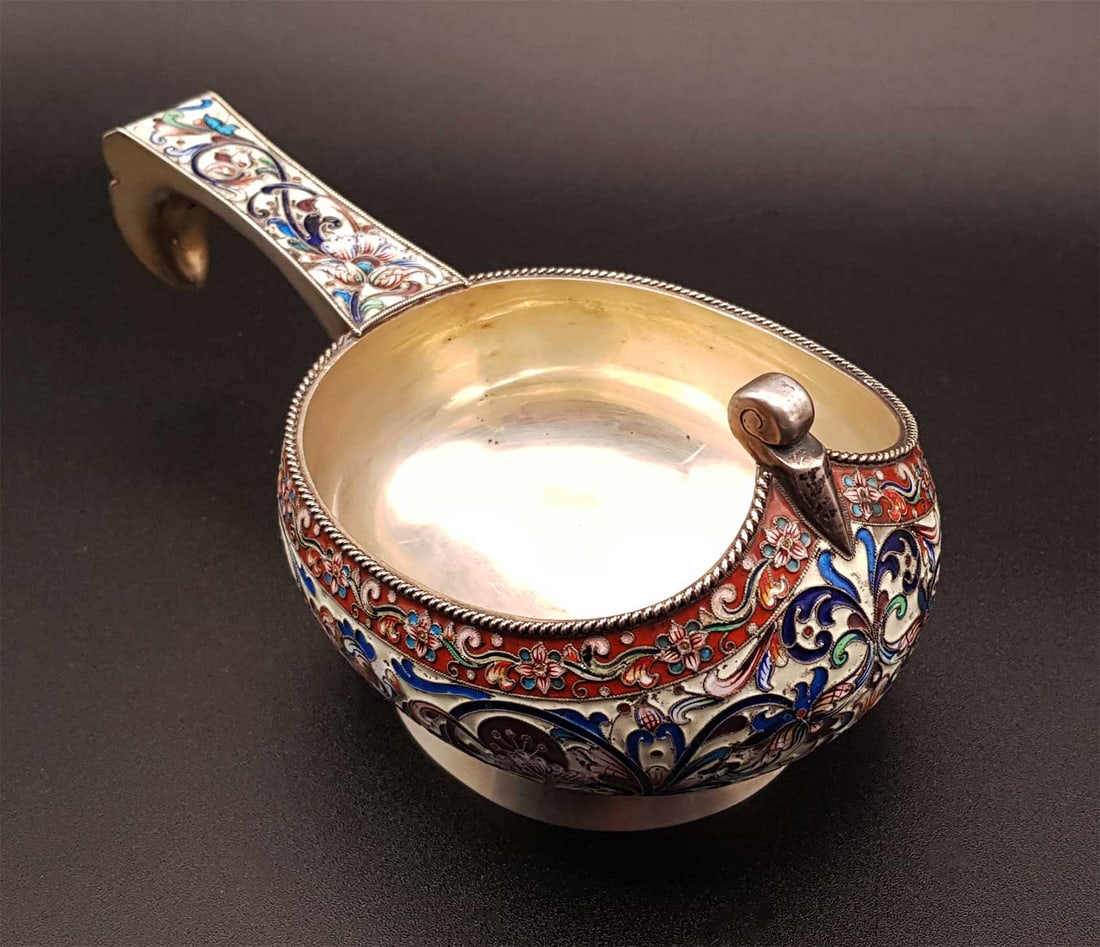 LARGE RUSSIAN SILVER ENAMELED KOVSH (1 of 16)