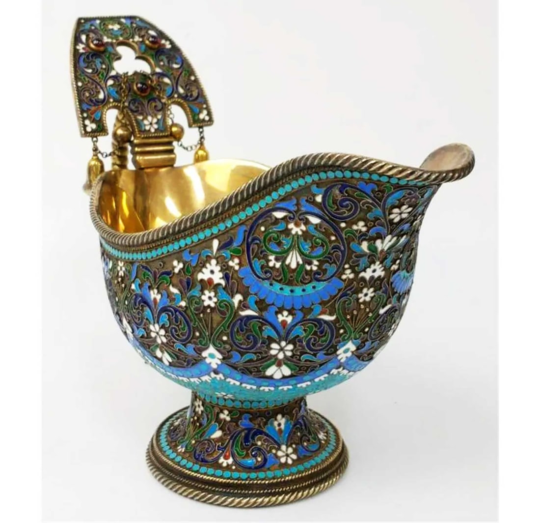 LARGE RUSSIAN SILVER & ENAMEL KOVSH, GRACHEV (1 of 16)