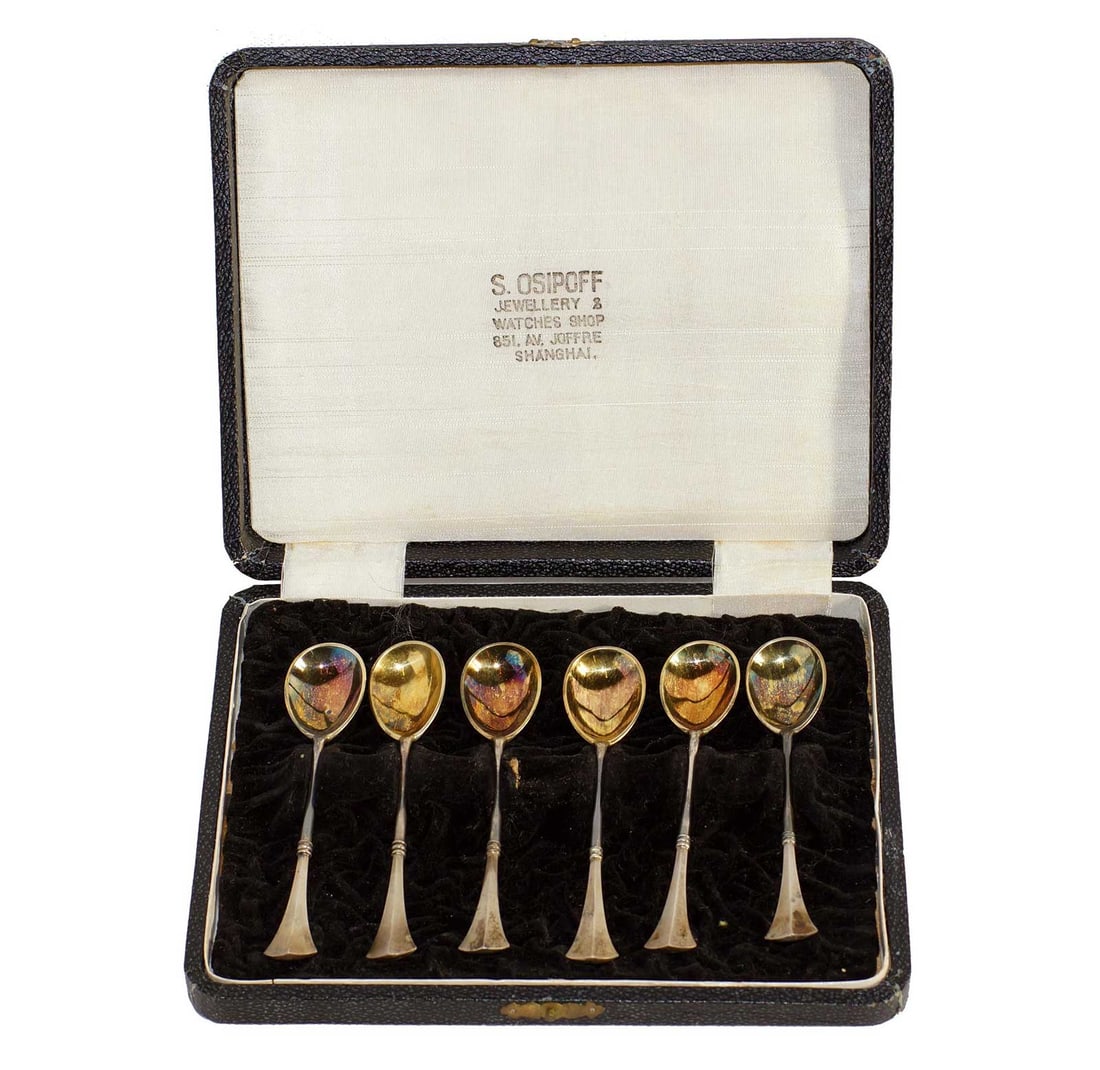 RUSSIAN ANTIQUE SILVER SPOON SET in BOX, HARBIN (1 of 16)