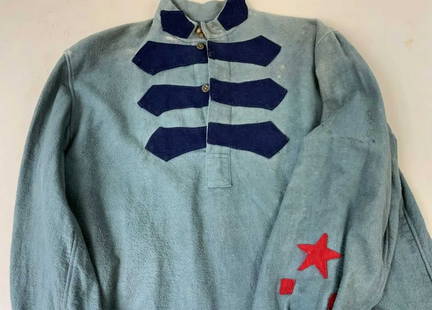 RUSSIAN CIVIL WAR CAVALRY UNIFORM SHIRT, PULLOVER: RARE RUSSIAN CIVIL WAR RED ARMY CAVALRY UNIFORM SHIRT PULLOVER, 1918 Rare Russian Civil War Red Army cavalry uniform pullover shirt. This well-worn example features blue collar tabs and front patches