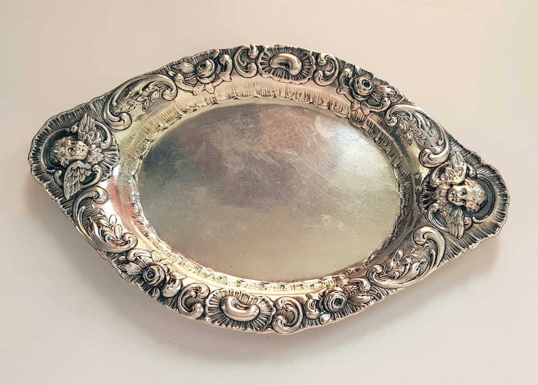 ANTIQUE GERMAN SILVER BREAD DISH, 19c. (1 of 14)
