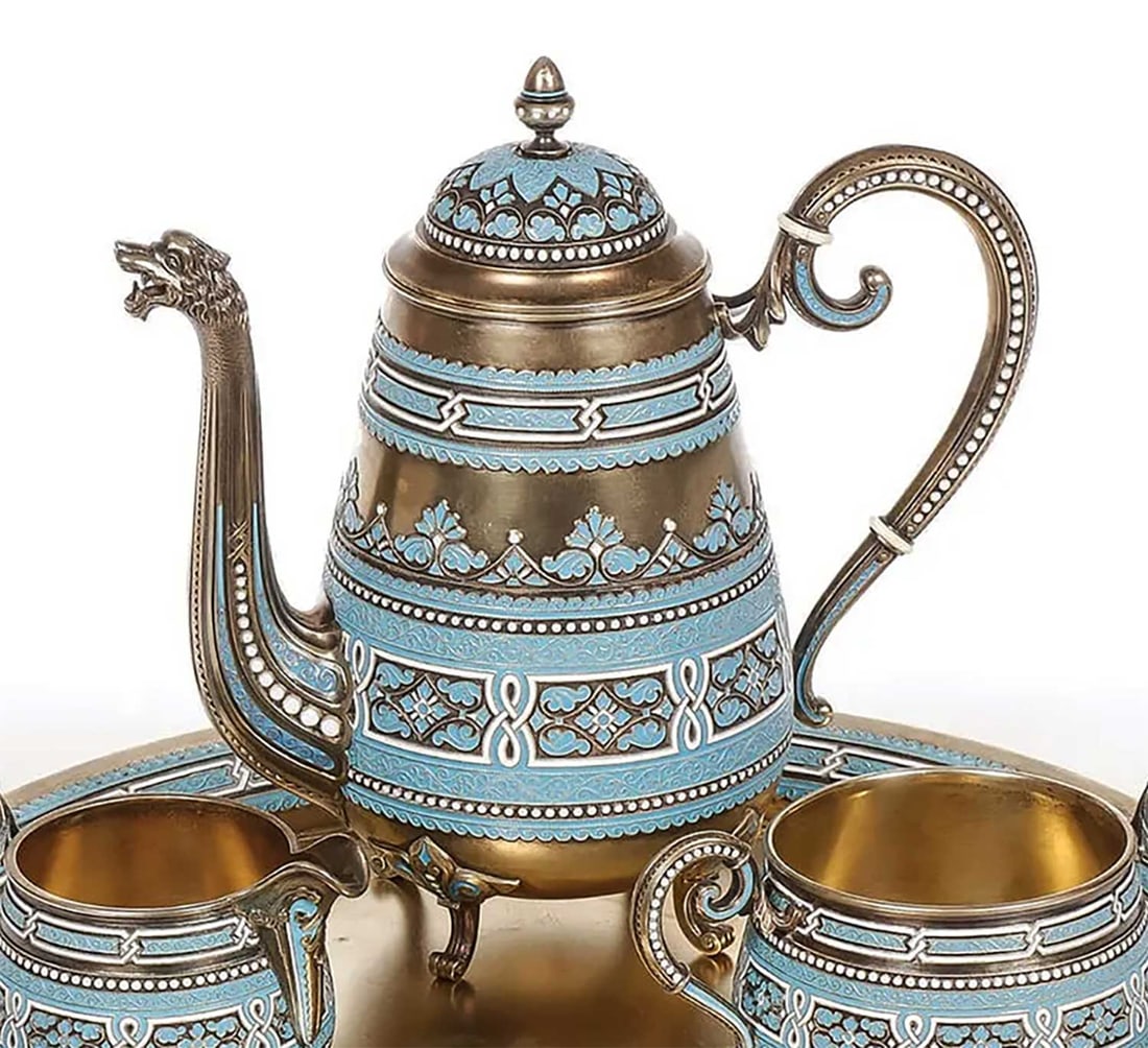 RUSSIAN SILVER & ENAMEL TEA & COFFEE SET, 1892: Best Investment with Lifetime Warranty !! ANTIQUE RUSSIAN SILVER TEA and COFFEE SERVICE, SET, 1892 For your viewing pleasure, there is a beautiful Russian silver and enamel tea set from Moscow, 1892.