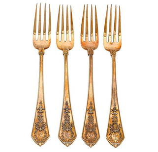 FABERGE - 4 RUSSIAN SILVER TABLE FORKS: Best Investment with Lifetime Warranty !! FABERGE - FOUR RUSSIAN IMPERIAL SILVER TABLE FORKS Four Russian Imperial '84' silver forks with an overall gold wash. They are monogrammed with a 'T'. For one