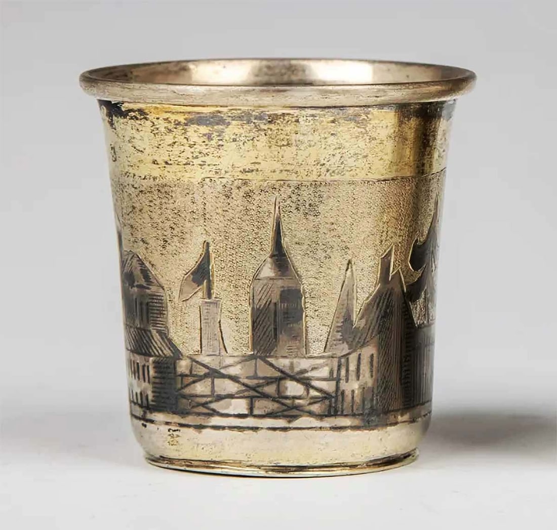 RUSSIAN SILVER KIDDUSH CUP, SHARKSKIN, 1841: RARE ANTIQUE RUSSIAN SILVER BEAKER, KIDDUSH CUP with SHARKSKIN TEXTURE, 1841 This is a Russian silver beaker or Kiddush cup from 1841. It boasts a unique sharkskin texture and is adorned with intricat