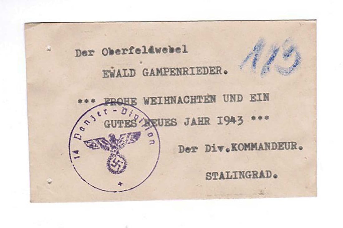 RARE GERMAN WWII MONEY ENVELOPE, 1943: RARE GERMAN WWII MONEY ENVELOPE, STALINGRAD, 1943 German WWII money envelope from Stalingrad, 1943. It was a gift of 75 Reichs Marks for New Year to Oberfeldwebel Edward G. Additionally, you can see t
