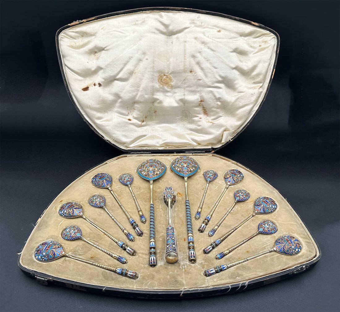 RUSSIAN ENAMELED SILVER SPOON SET, CASED (1 of 20)