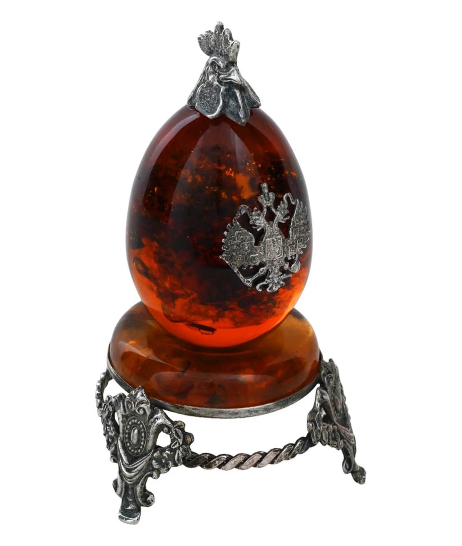 RUSSIAN IMPERIAL AMBER EGG w. SILVER STAND (1 of 16)