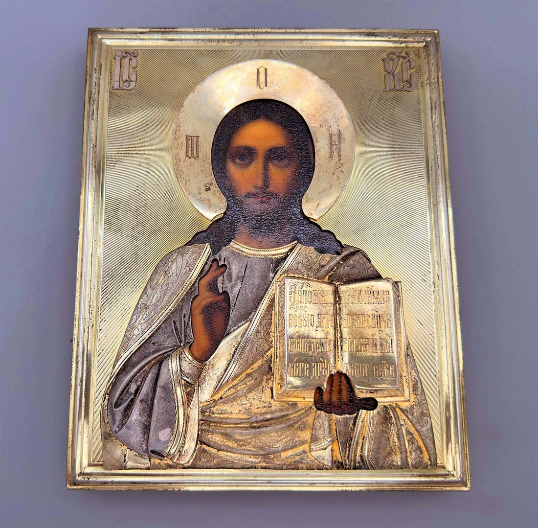 FABERGÉ - RUSSIAN ICON of CHRIST w. TROMPE LOEIL: Museum item, Lifetime Warranty! FABERGÉ - EXTREMELY RARE RUSSIAN ICON of CHRIST in SILVER OKLAD with TROMPE LOEIL TECNIQUE For your viewing pleasure, we present a Russian icon of Christ with a silver