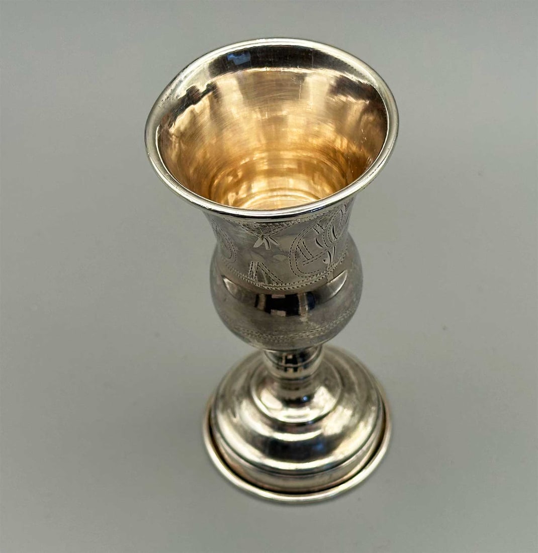 JEWISH LARGE SILVER KIDDUSH GOBLET, 19c.: Lifetime Warranty! Wonderful Gift for any Occasion! RARE ANTIQUE LARGE SILVER JEWISH KIDDUSH GOBLET, 19th CENTURY This is a silver Jewish Kiddush cup from 19th century Russia. The exterior is decorate